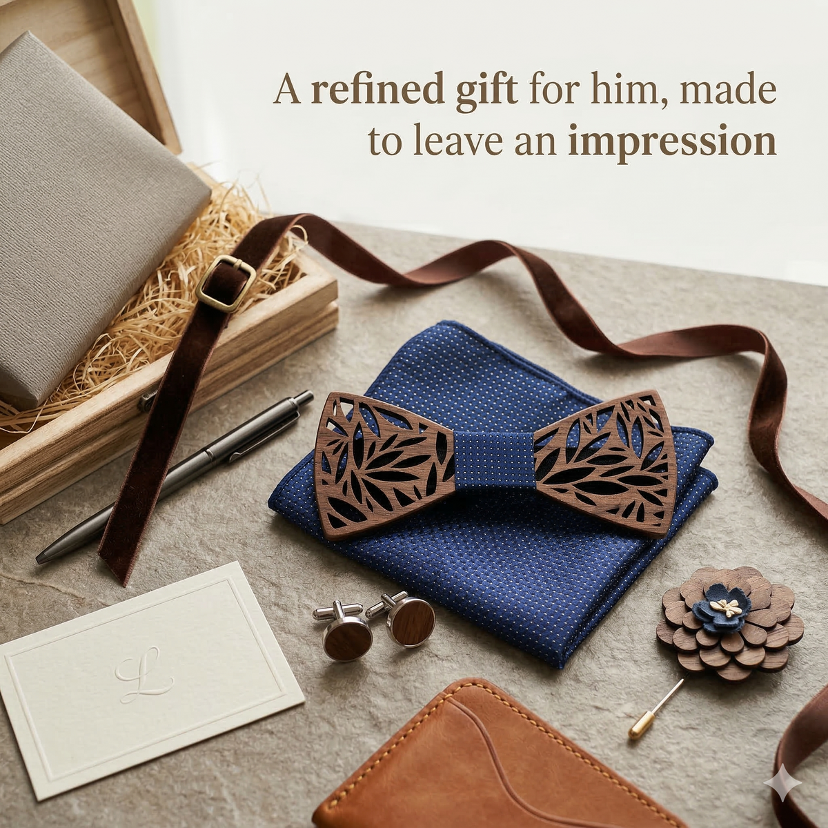 Wooden Bow Tie - Laser Cut Leaf Pattern
