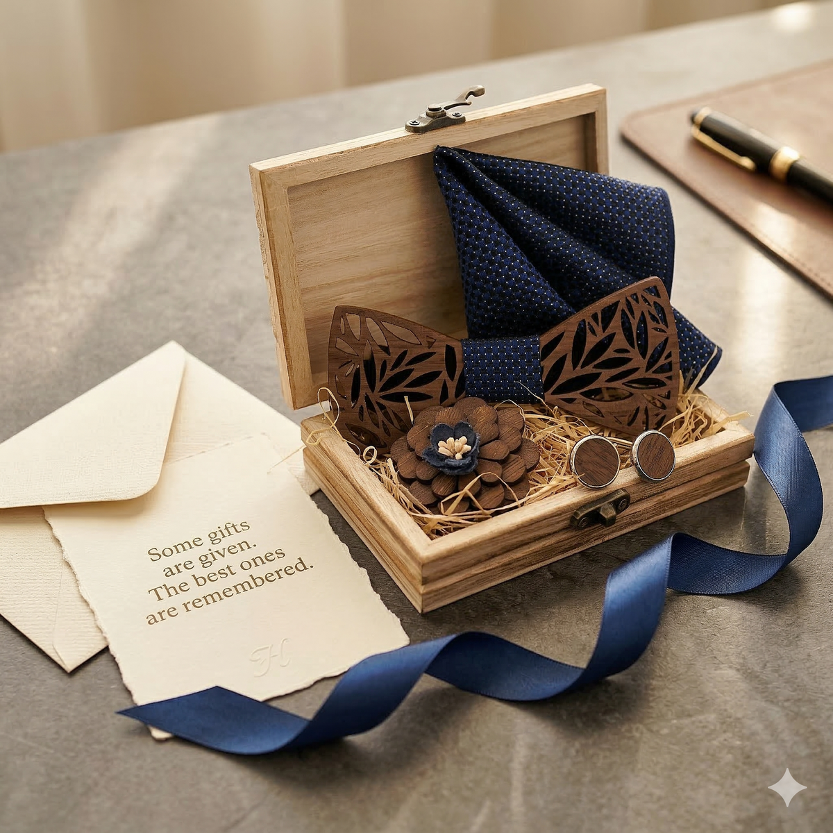 Wooden Bow Tie - Laser Cut Leaf Pattern