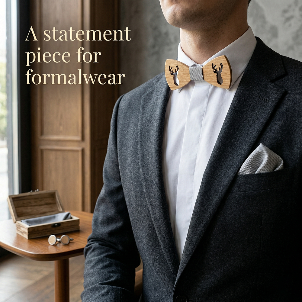 Wooden Bow Tie - Laser Cut Stag Head