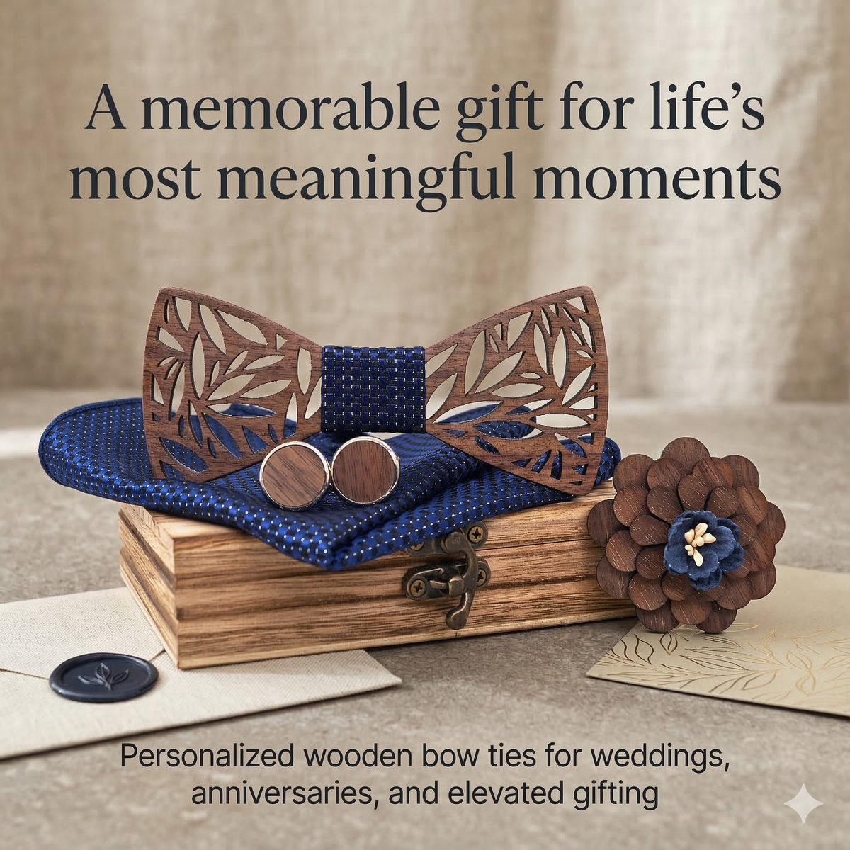 Wooden Bow Tie - Laser Cut Leaf Pattern