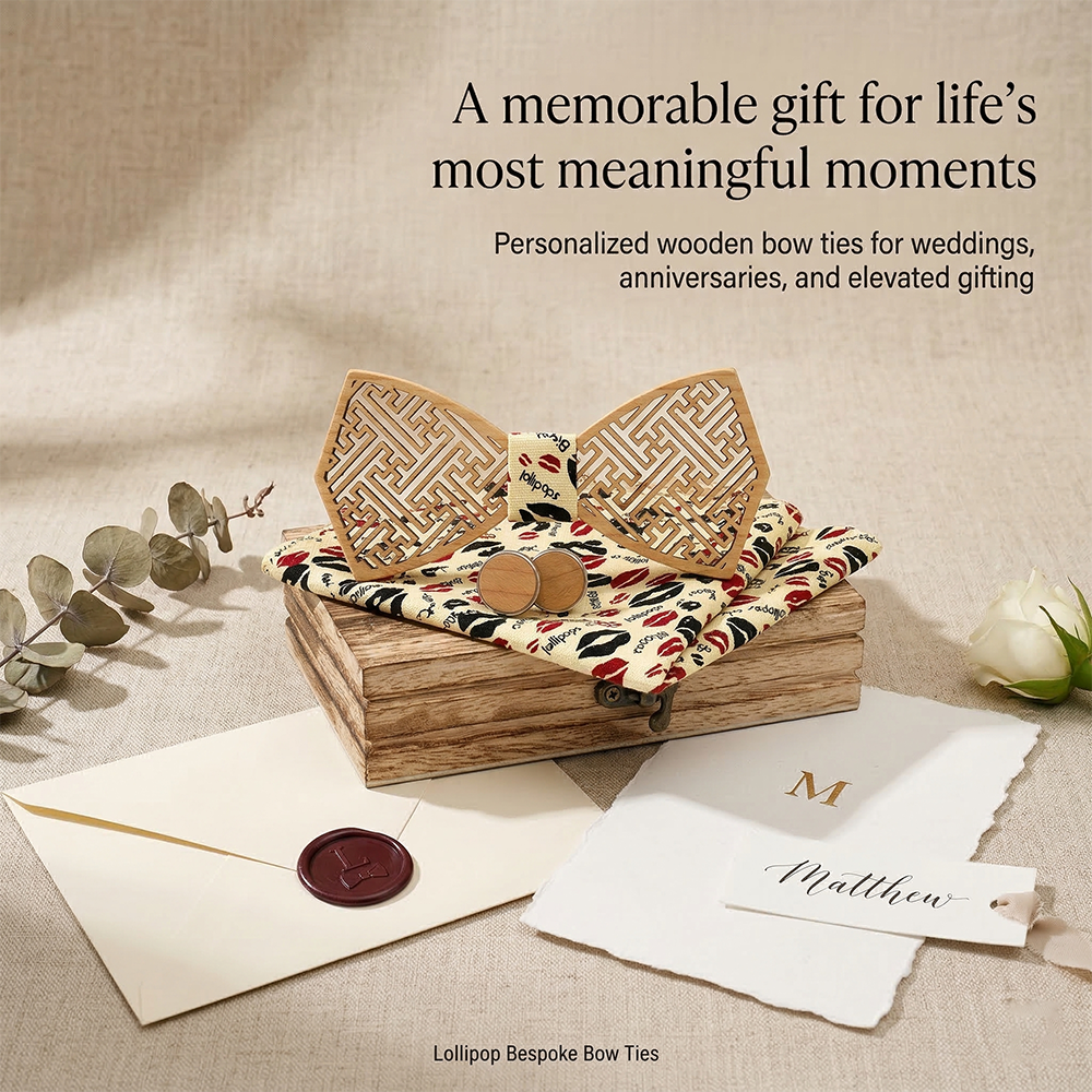 MAHOOSIVE M414 Laser Cut Wooden Bow Tie - Handcrafted Wedding Gift