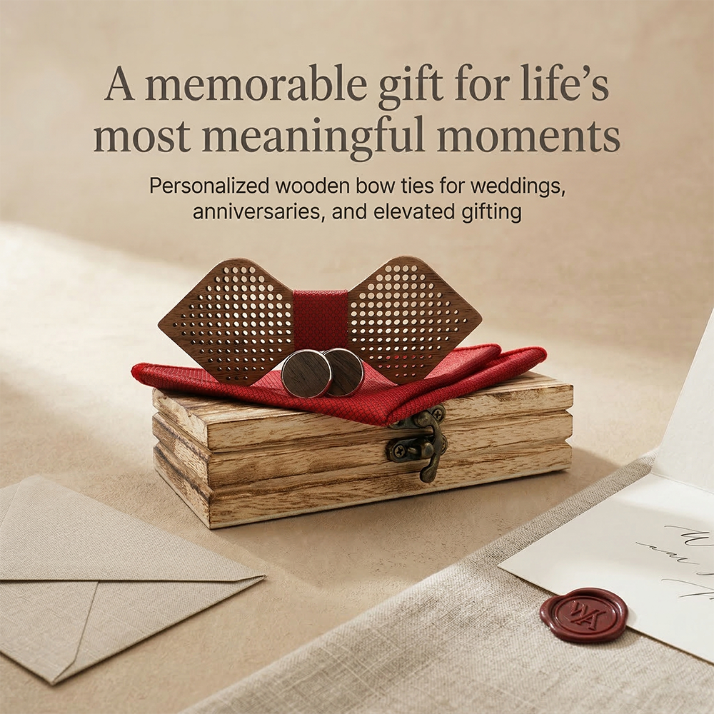 MAHOOSIVE M421 Laser-Cut Wooden Bow Tie - Handcrafted Wedding Gift