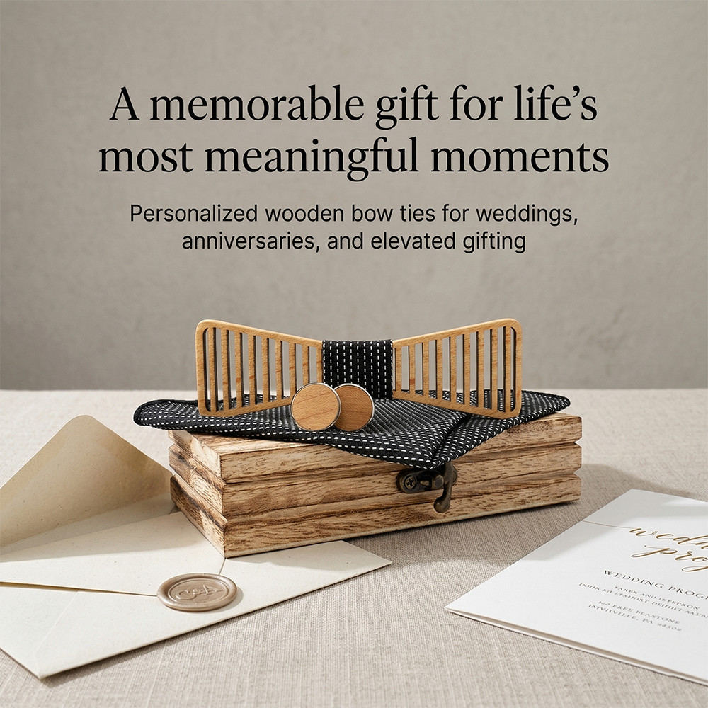 MAHOOSIVE M423 Laser-Cut Wooden Bow Tie - Handcrafted Wedding Gift
