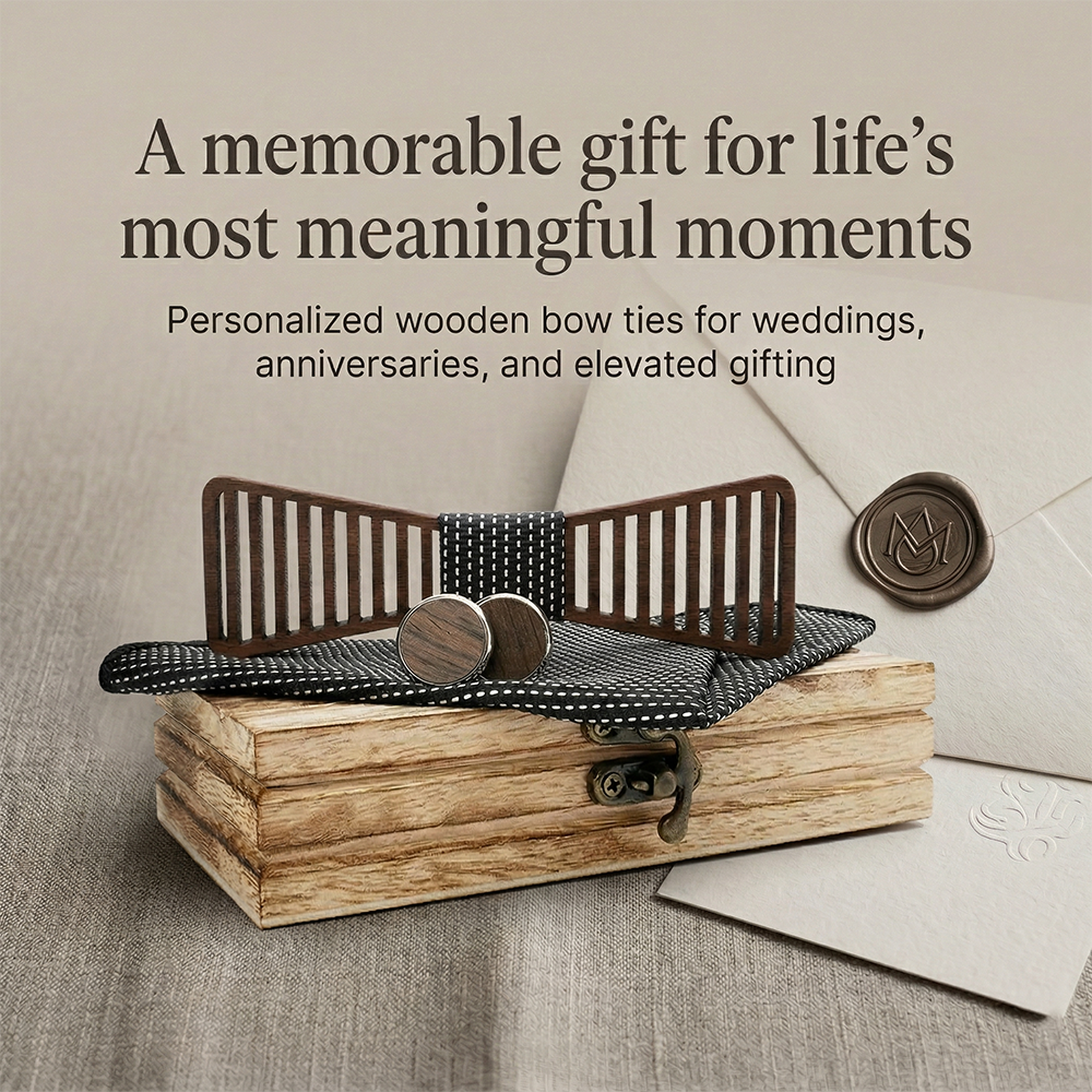 MAHOOSIVE M424 Laser-Cut Wooden Bow Tie - Handcrafted Wedding Gift