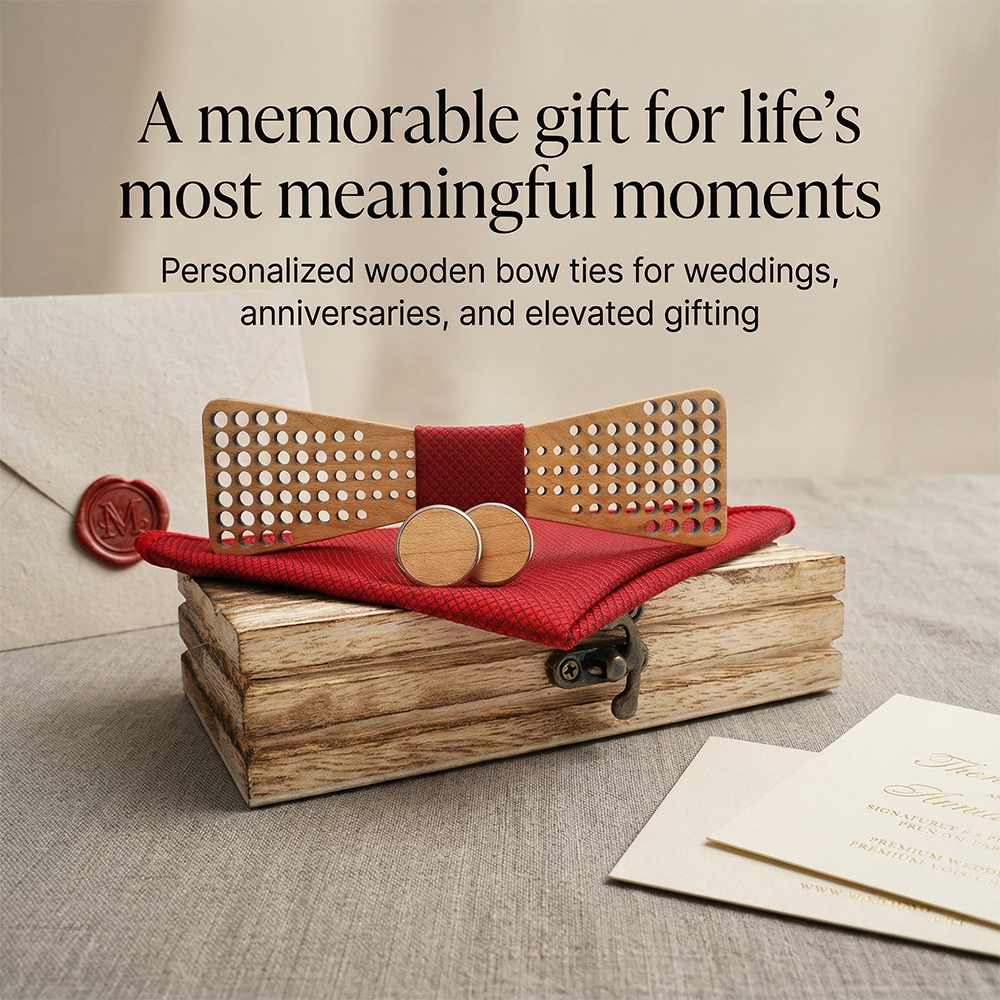 MAHOOSIVE M425 Laser-Cut Wooden Bow Tie - Handcrafted Wedding Gift