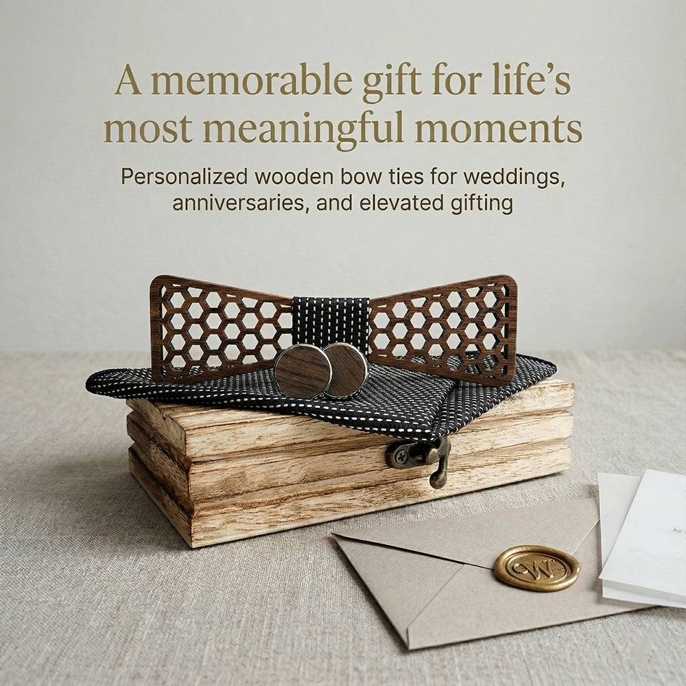 MAHOOSIVE M429 Geometric Wooden Bow Tie - Handcrafted Wedding Gift