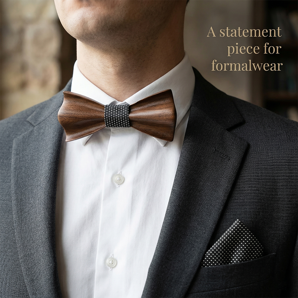 Walnut wooden bow tie - Crest: A Wave in Walnut - MAHOOSIVE