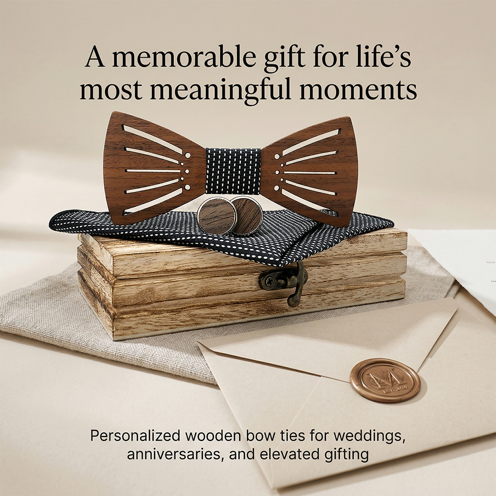 MAHOOSIVE M438 Laser-Cut Wooden Bow Tie - Handcrafted Wedding Gift