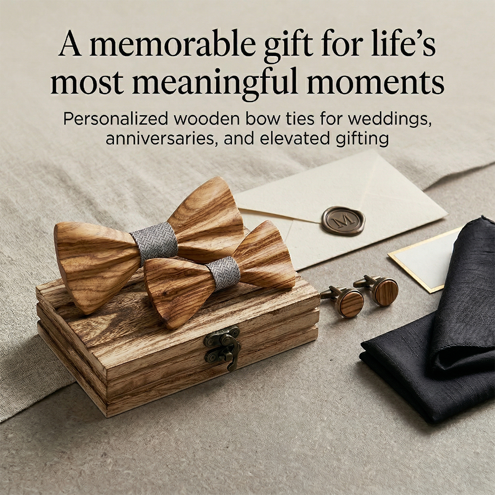MAHOOSIVE M443 Fabric Band Wooden Bow Tie - Handcrafted Wedding Gift