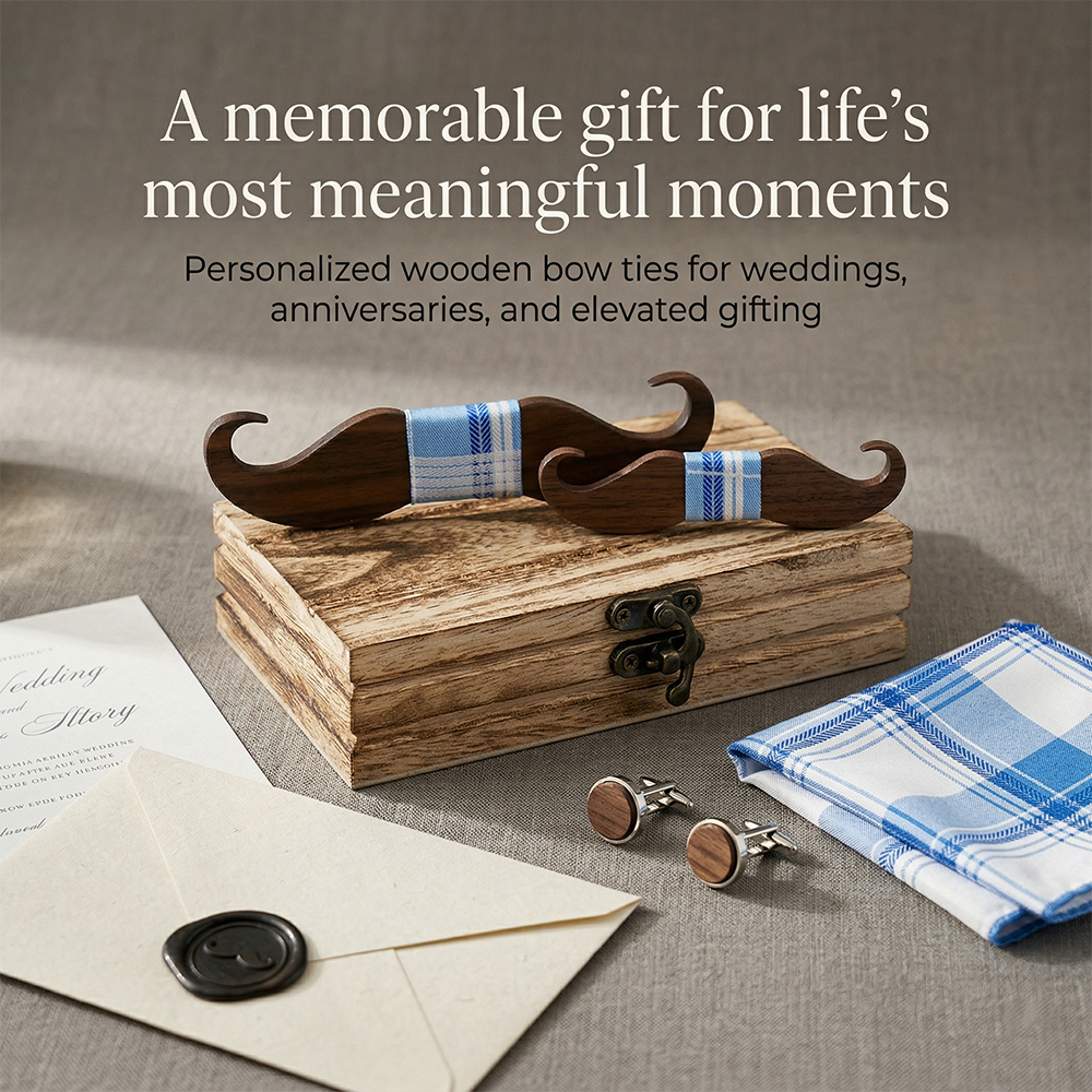 MAHOOSIVE M447 Mustache Wooden Bow Tie - Handcrafted Wedding Gift