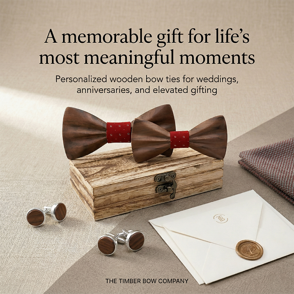MAHOOSIVE M451 Fabric Band Wooden Bow Tie - Handcrafted Wedding Gift