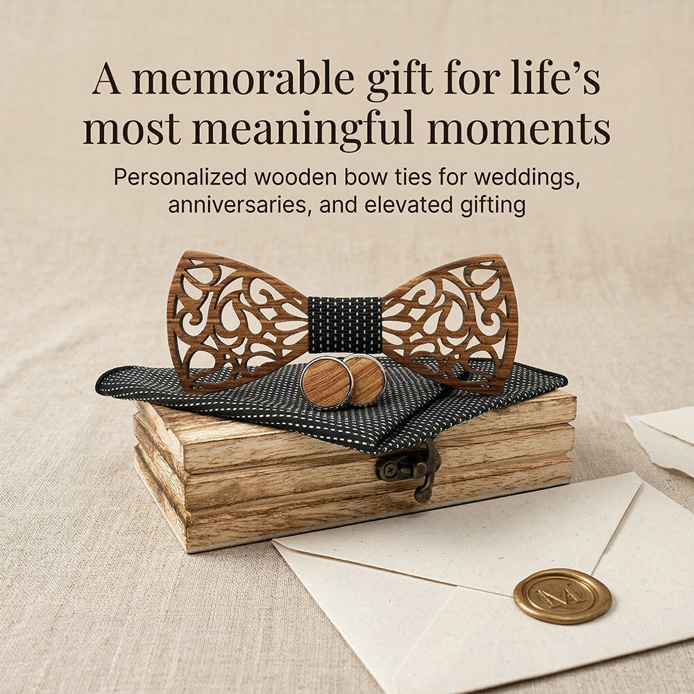 MAHOOSIVE M467 Laser-Cut Wooden Bow Tie - Handcrafted Wedding Gift