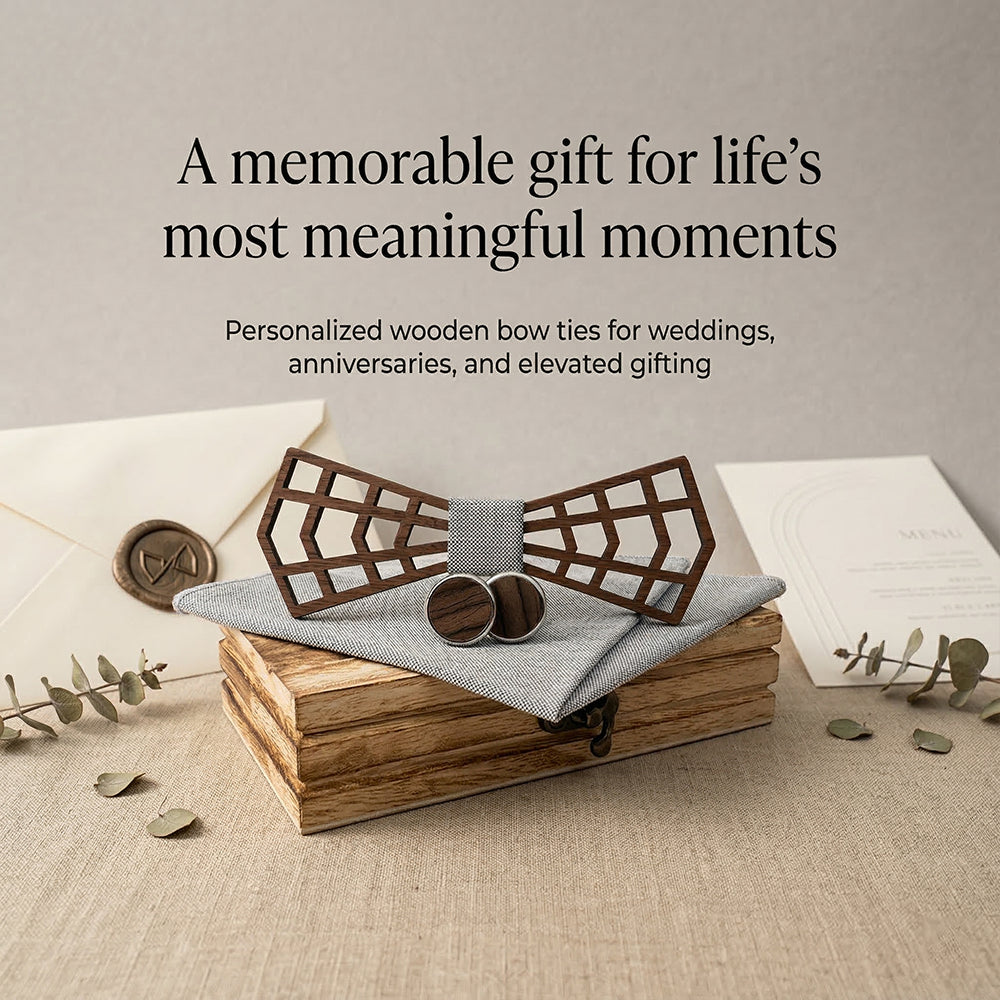 MAHOOSIVE M487 Geometric Wooden Bow Tie - Handcrafted Wedding Gift