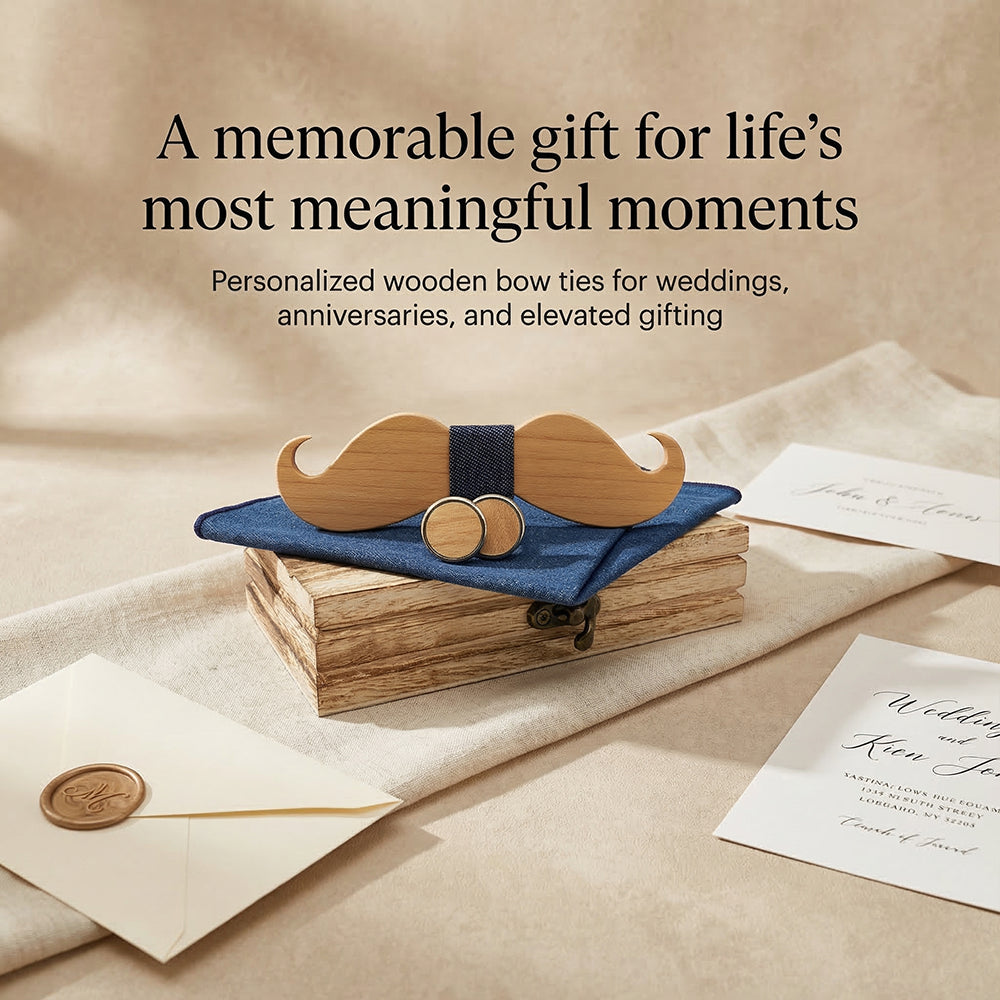 MAHOOSIVE M491 Mustache Wooden Bow Tie - Handcrafted Wedding Gift