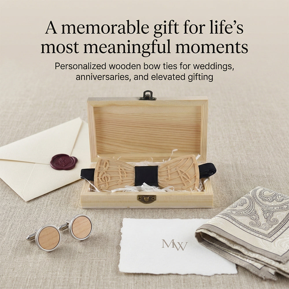 MAHOOSIVE M72音符 Engraved Wooden Bow Tie - Handcrafted Wedding Gift