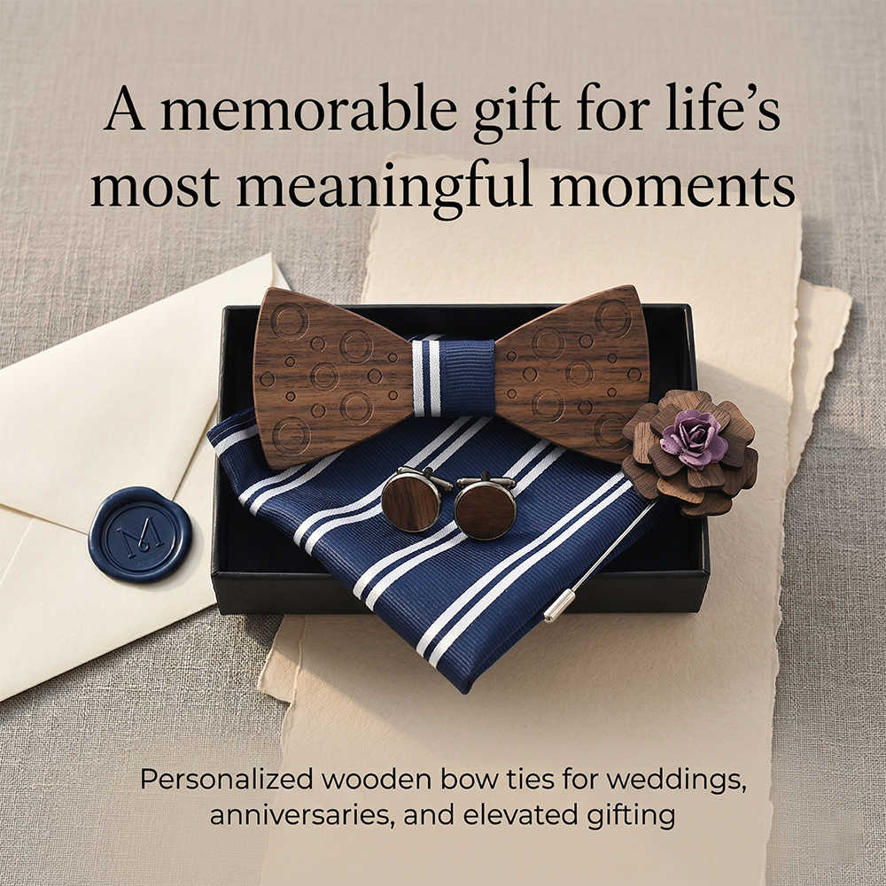 MAHOOSIVE M75 Laser-Cut Wooden Bow Tie - Handcrafted Wedding Gift
