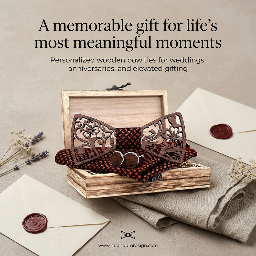 MAHOOSIVE T202 Laser Cut Wooden Bow Tie - Handcrafted Wedding Gift