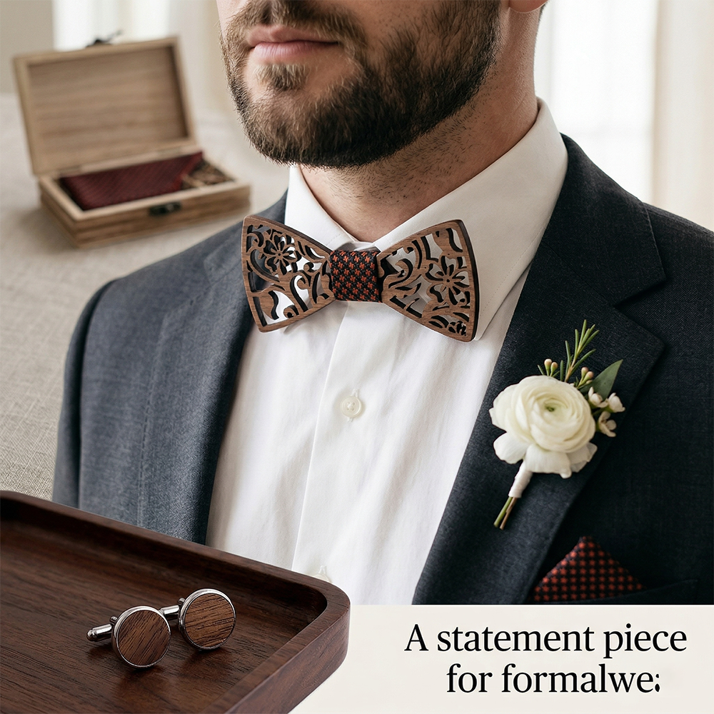 Walnut wooden bow tie - Camellia: Winter's Quiet Bloom - MAHOOSIVE