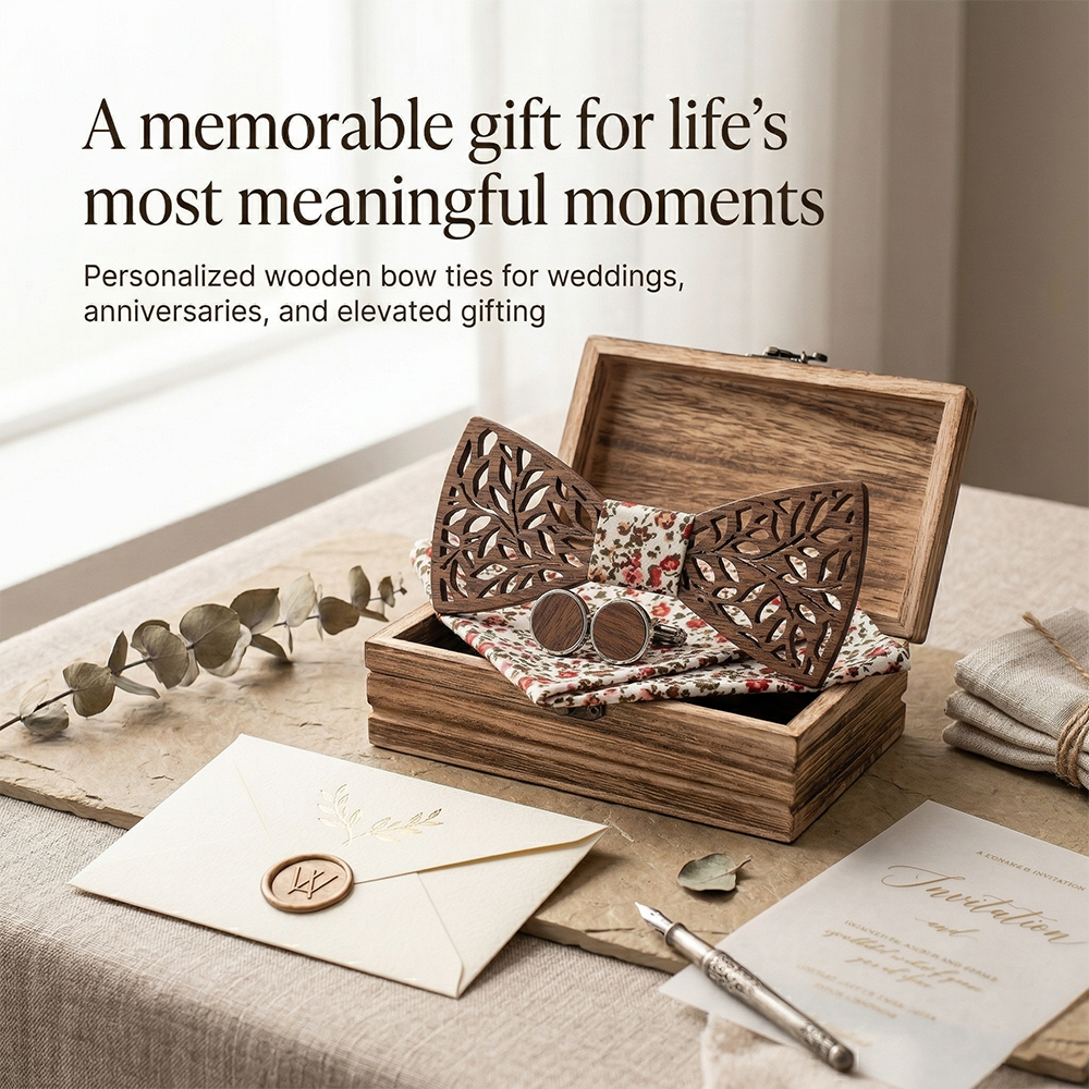 MAHOOSIVE T204 Engraved Wooden Bow Tie - Handcrafted Wedding Gift