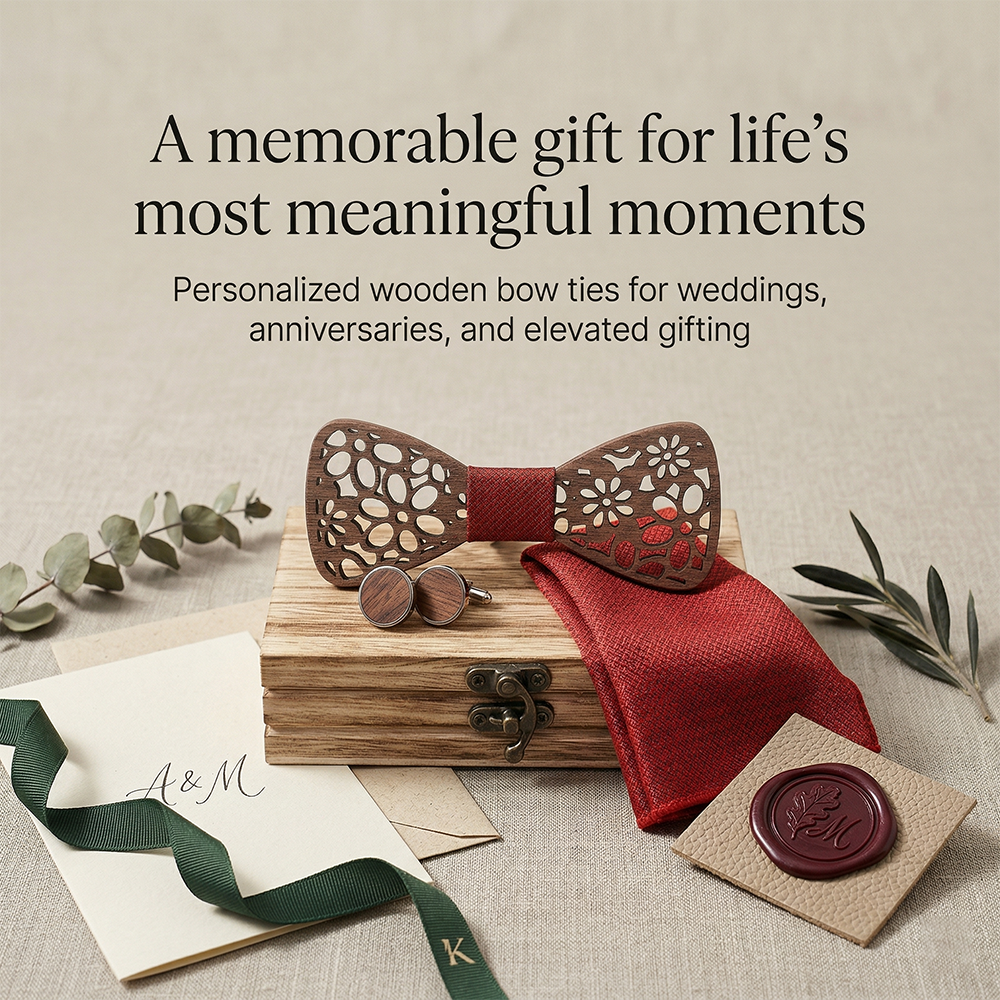 MAHOOSIVE T206 Laser-Cut Wooden Bow Tie - Handcrafted Wedding Gift