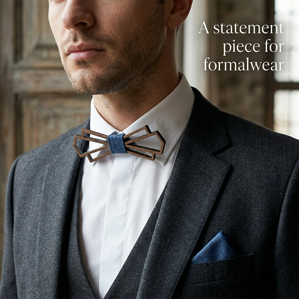 Walnut wooden bow tie - Indigo: Woven in Denim - MAHOOSIVE