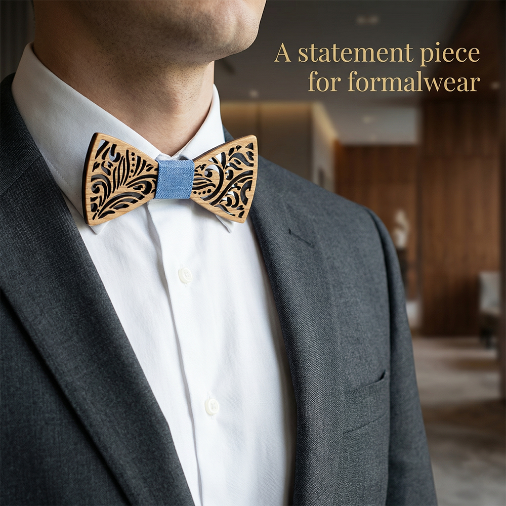 Walnut wooden bow tie - Filigree: Threads of Gold - MAHOOSIVE