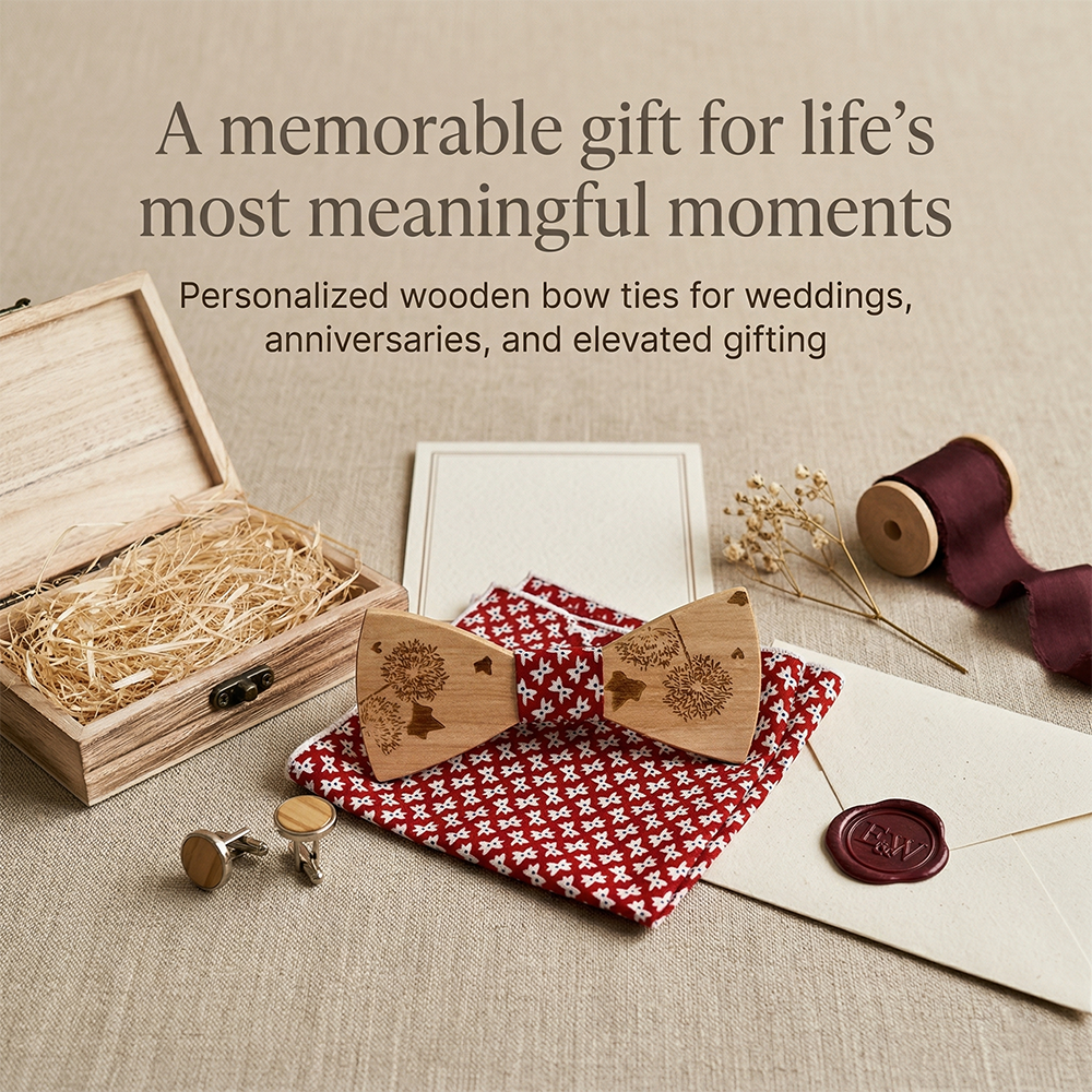 MAHOOSIVE T237 Laser-Cut Wooden Bow Tie - Handcrafted Wedding Gift