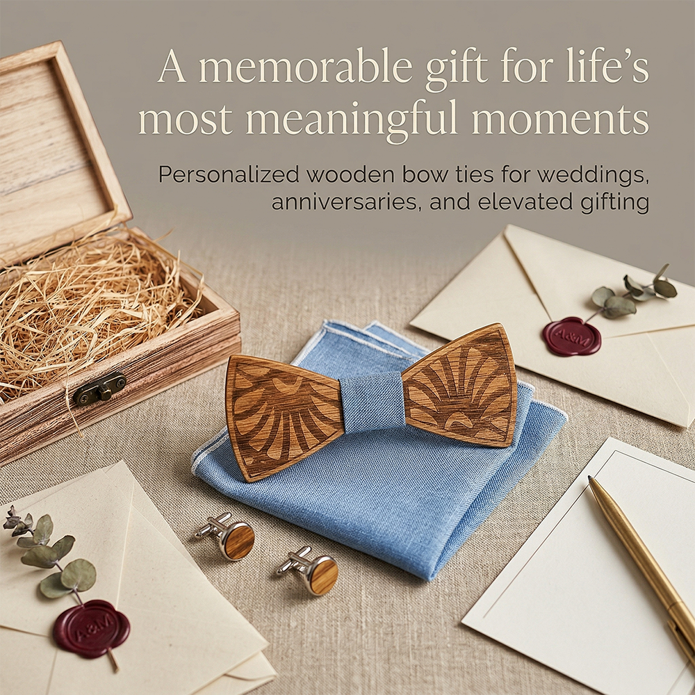 MAHOOSIVE T238 Engraved Wooden Bow Tie - Handcrafted Wedding Gift