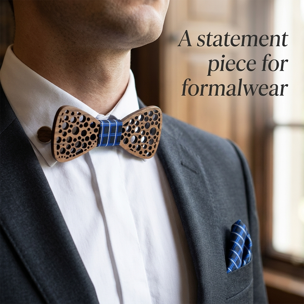 Walnut wooden bow tie - Damask: Woven in Royalty - MAHOOSIVE