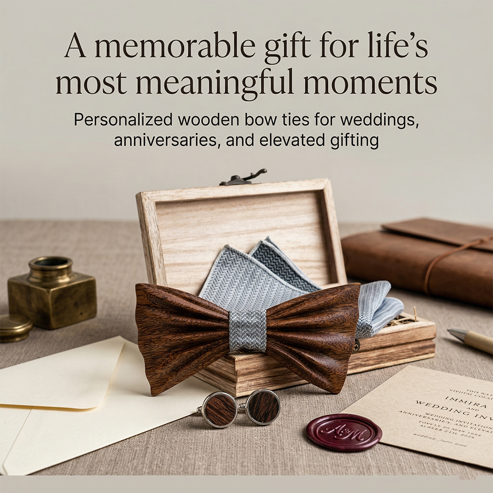 MAHOOSIVE T247 Laser-Cut Wooden Bow Tie - Handcrafted Wedding Gift