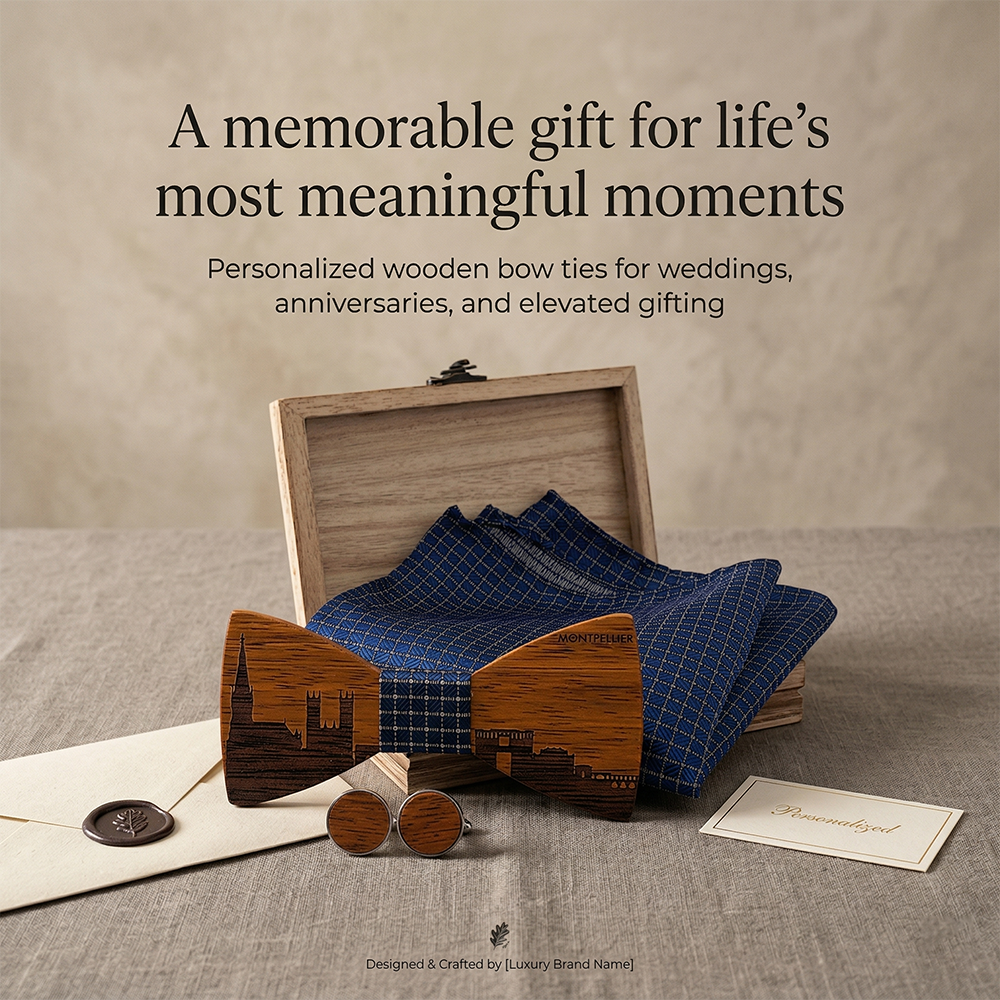 MAHOOSIVE T257 Engraved Wooden Bow Tie - Handcrafted Wedding Gift