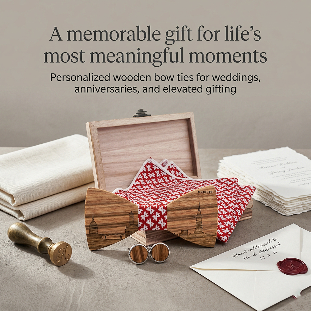 MAHOOSIVE T258 Laser-Cut Wooden Bow Tie - Handcrafted Wedding Gift