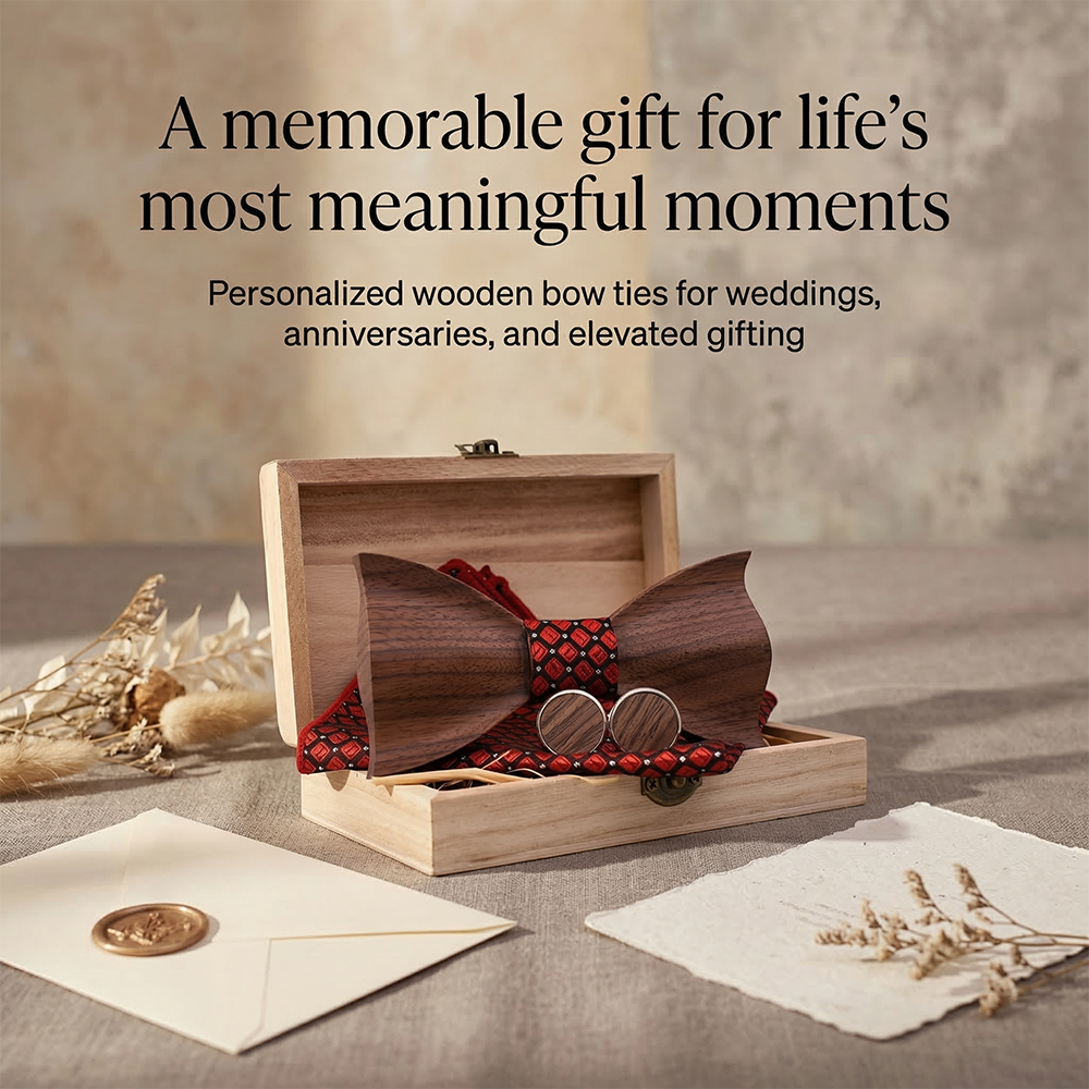 MAHOOSIVE T341 Laser-Cut Wooden Bow Tie - Handcrafted Wedding Gift
