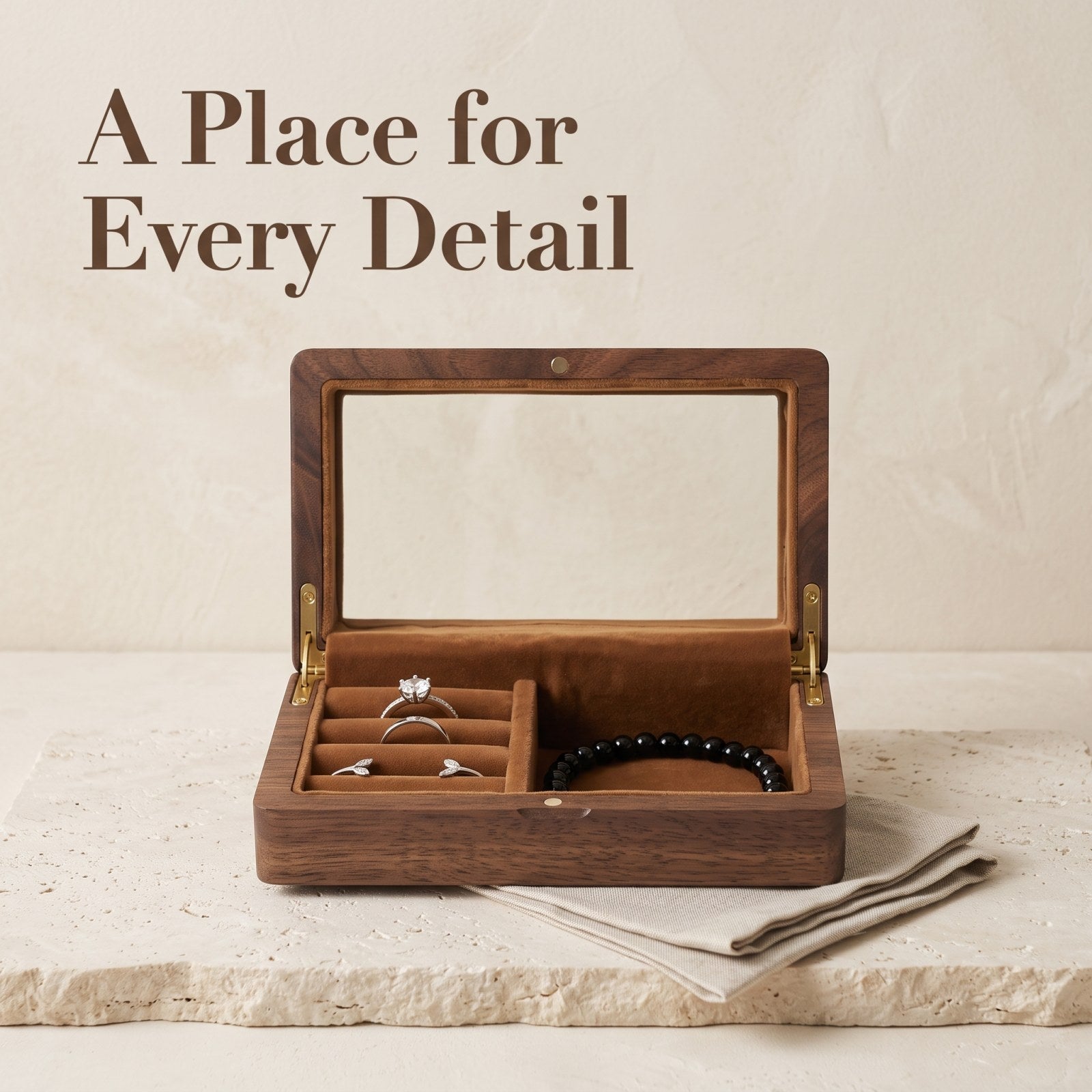 Walnut jewellery box holding rings and a bracelet - Atelier: Everything in Its Place - MAHOOSIVE
