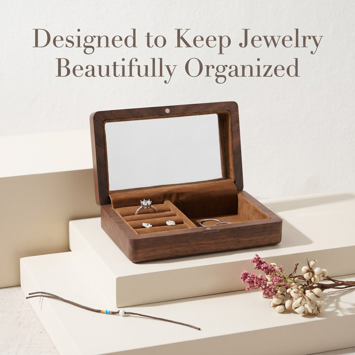 Walnut jewellery box shown open to reveal the interior - Atelier - MAHOOSIVE