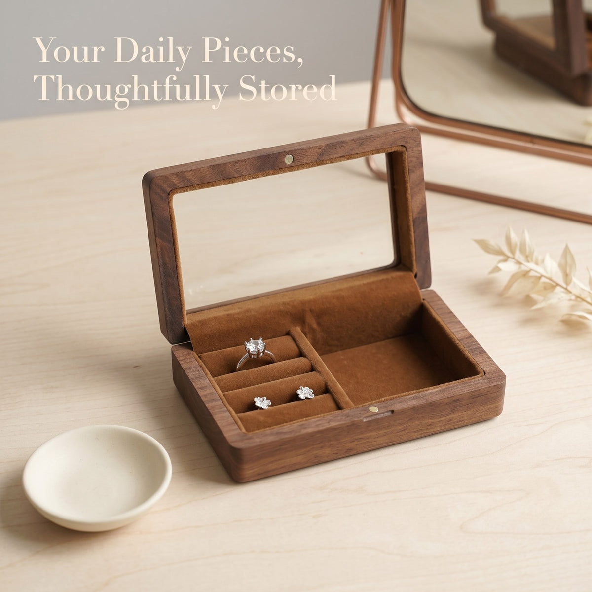 Walnut jewellery box in daily use on a dresser - Atelier - MAHOOSIVE