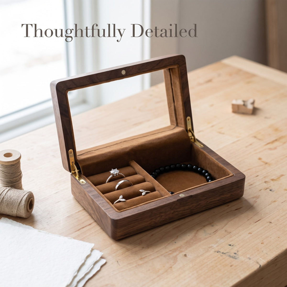 Walnut jewellery box close-up of the walnut grain and edge - Atelier - MAHOOSIVE