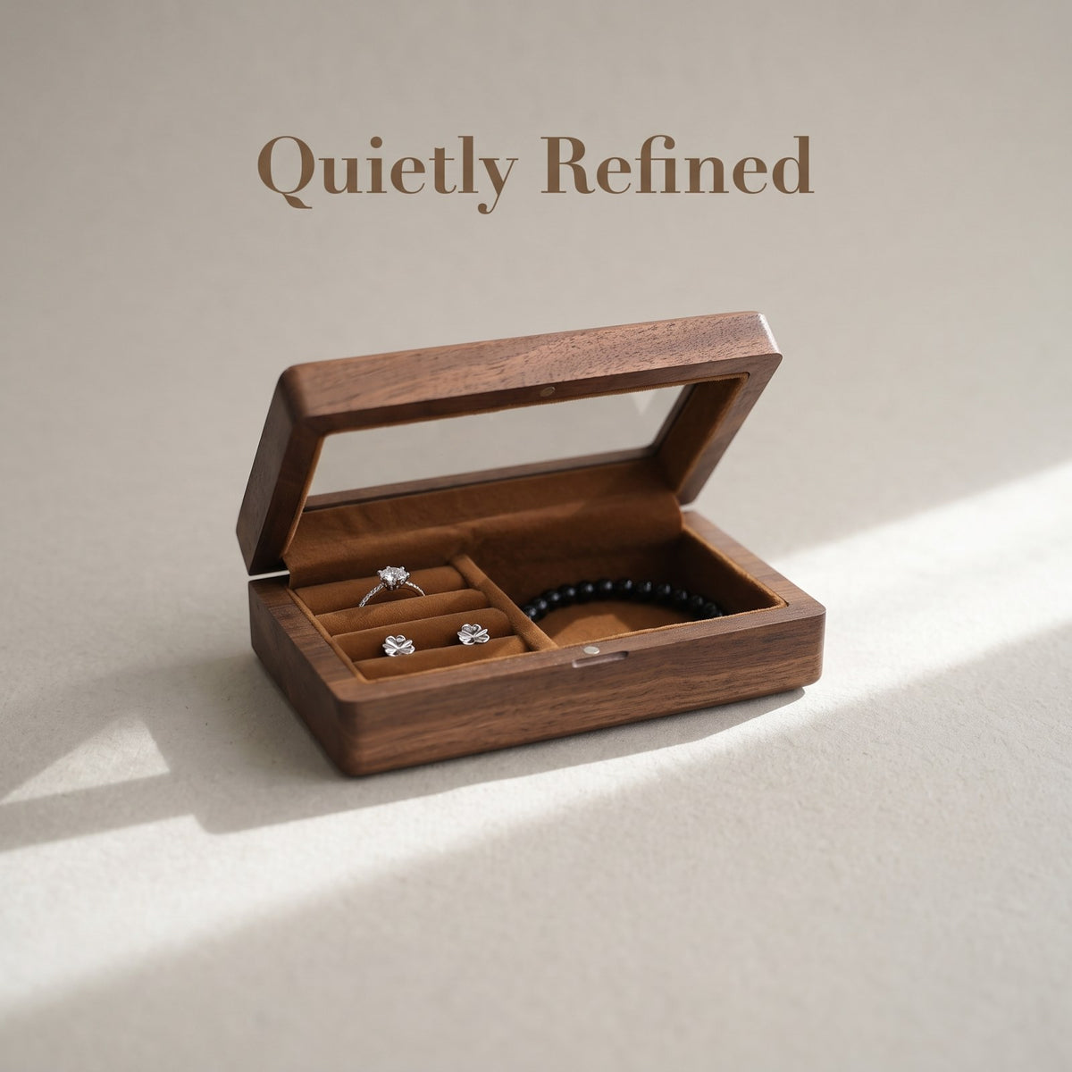 Walnut jewellery box closed, on a plain surface - Atelier - MAHOOSIVE