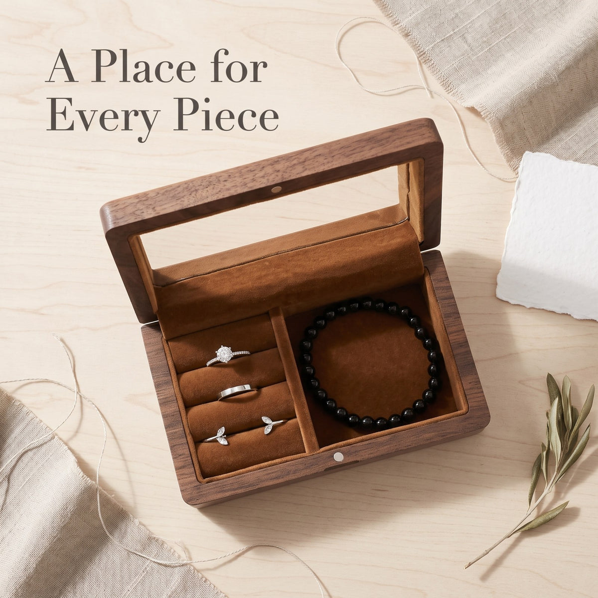 Walnut jewellery box showing the divided compartments - Atelier - MAHOOSIVE