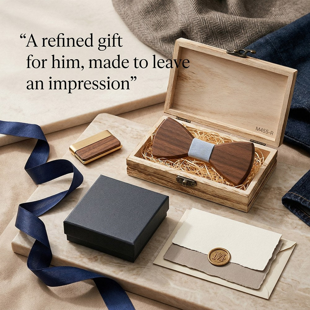 Azure walnut bow tie with cufflinks and pocket square - photo 3 - MAHOOSIVE