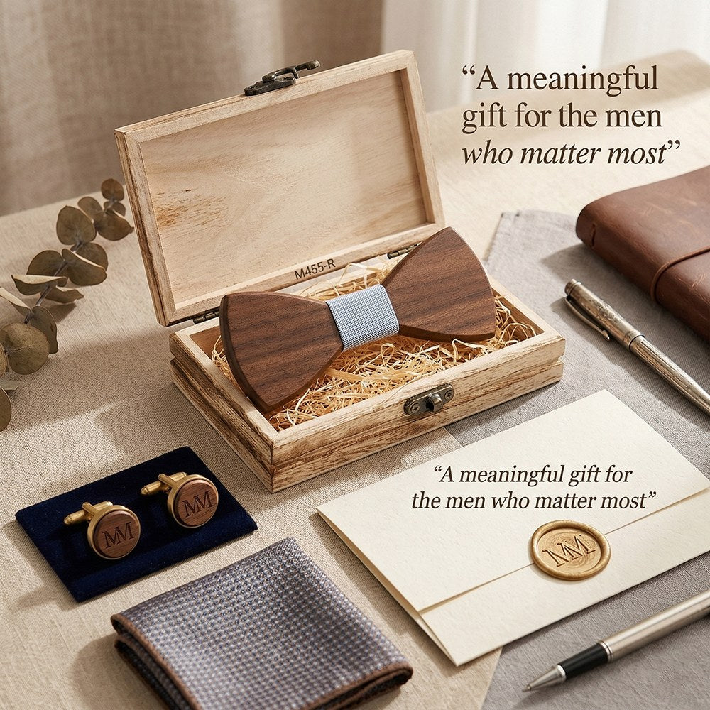 Azure walnut bow tie with cufflinks and pocket square - photo 4 - MAHOOSIVE