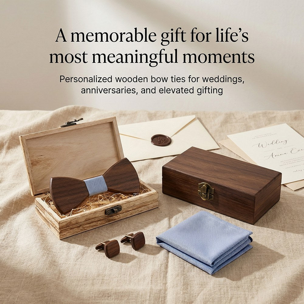 Azure walnut bow tie with cufflinks and pocket square - photo 6 - MAHOOSIVE