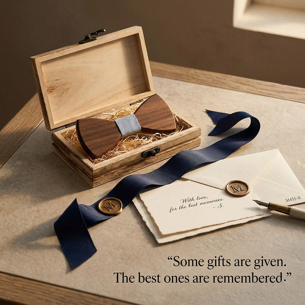 Azure walnut bow tie with cufflinks and pocket square - photo 7 - MAHOOSIVE
