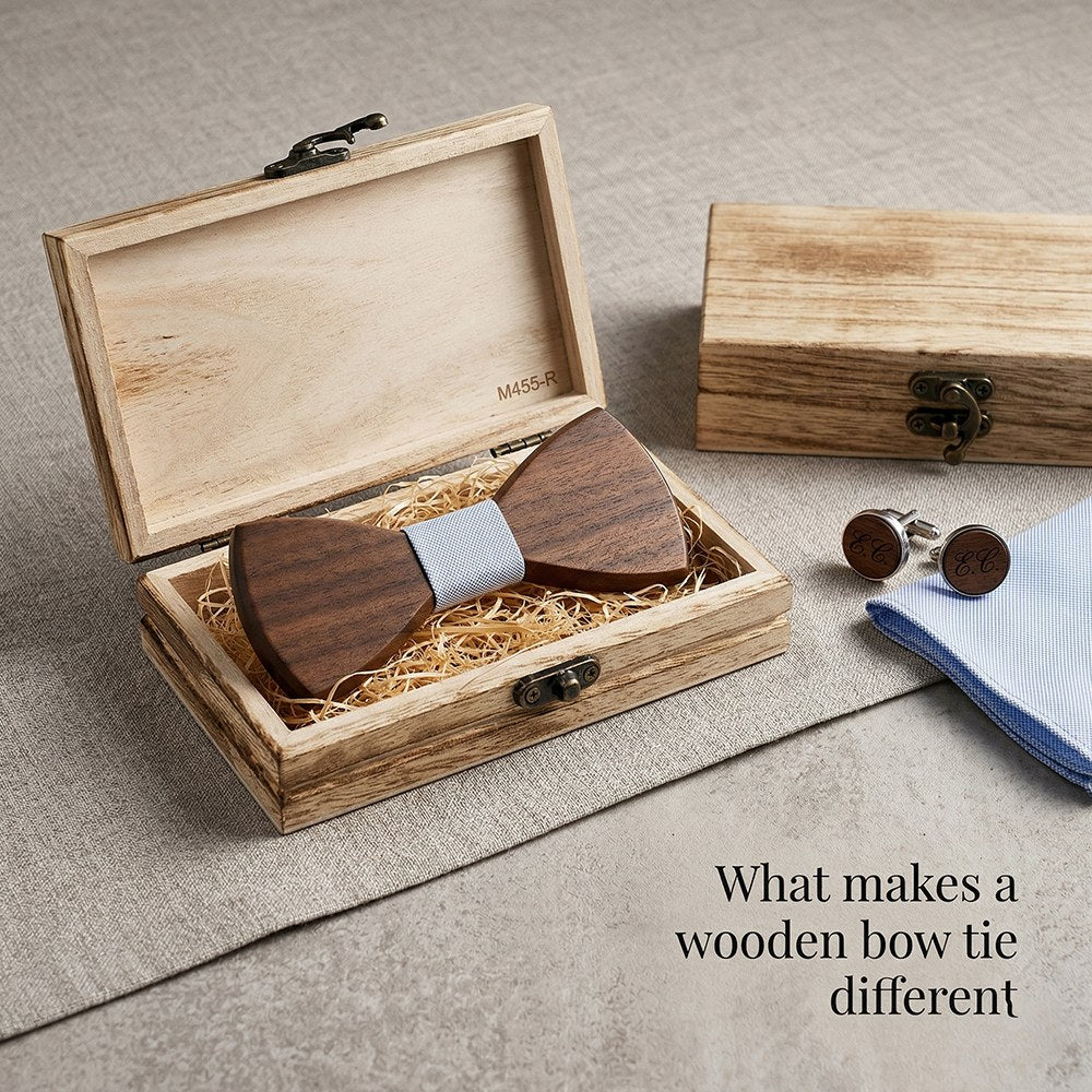 Azure walnut bow tie with cufflinks and pocket square - photo 8 - MAHOOSIVE