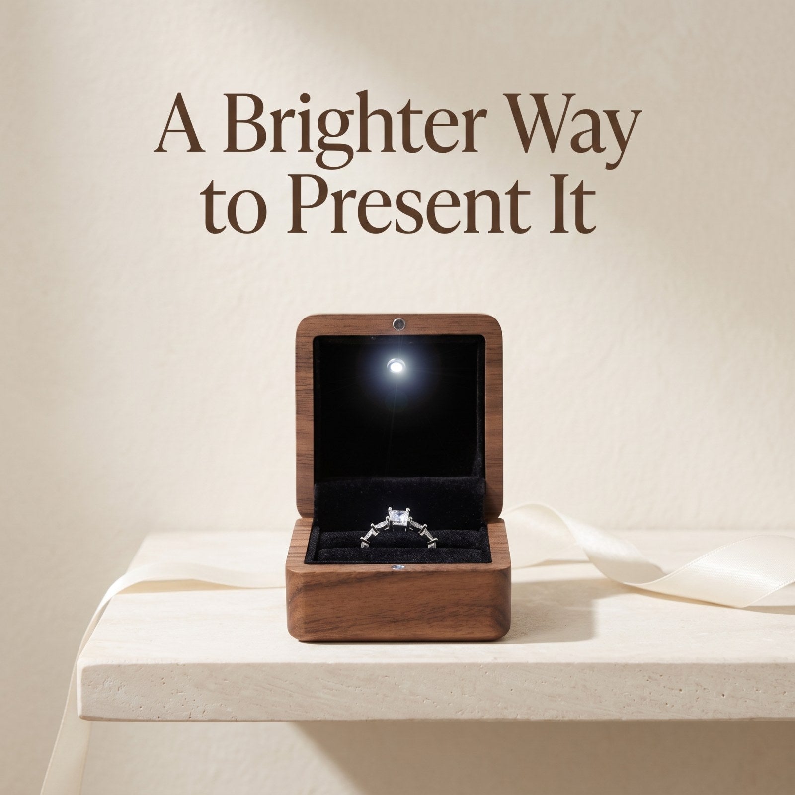 Walnut ring box in a gift setting - Beacon: A Light on the Moment - MAHOOSIVE