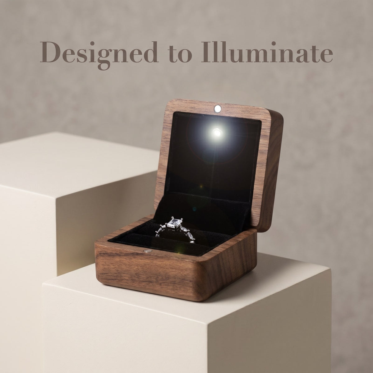 Walnut ring box shown open to reveal the interior - Beacon - MAHOOSIVE