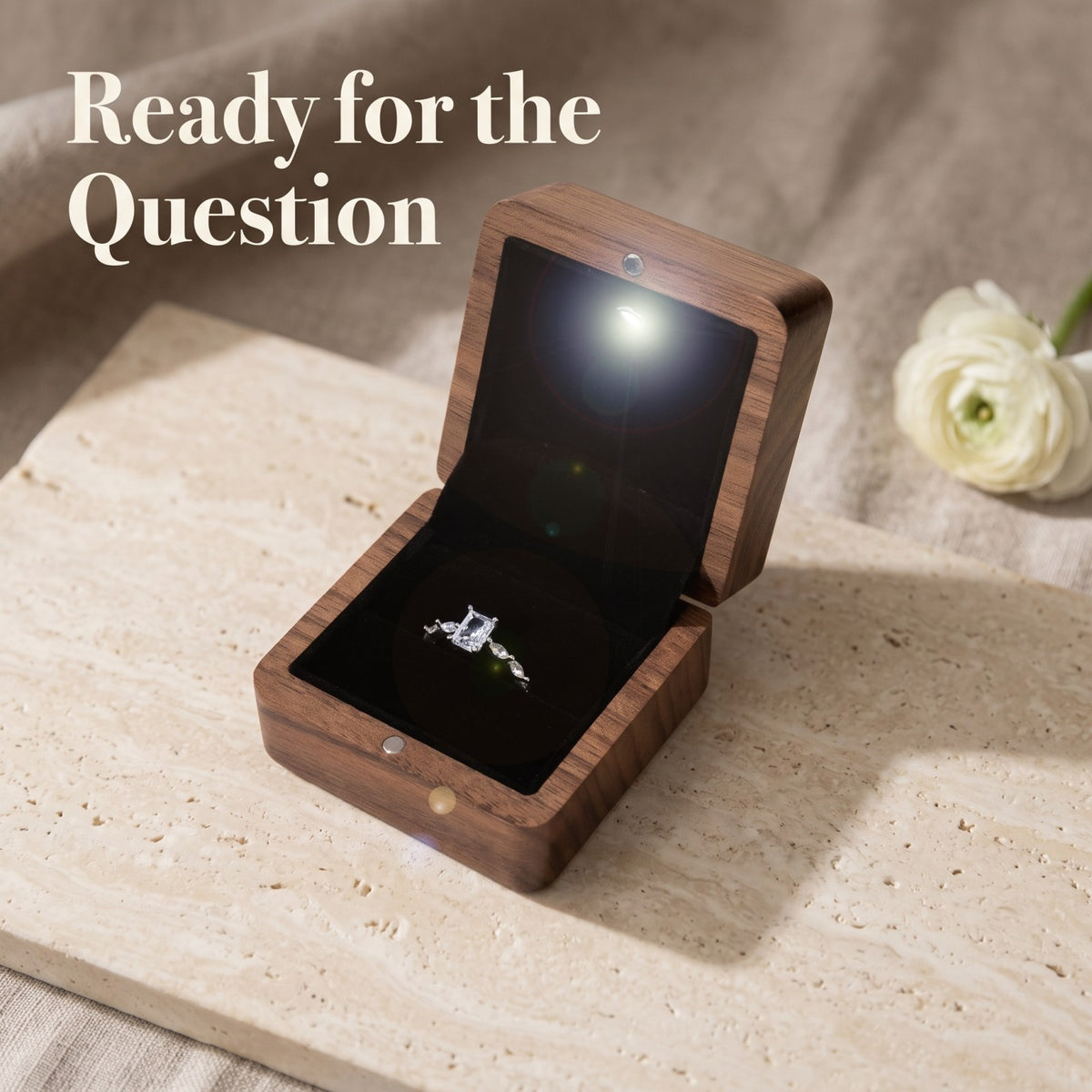 Walnut ring box held open during a proposal - Beacon - MAHOOSIVE