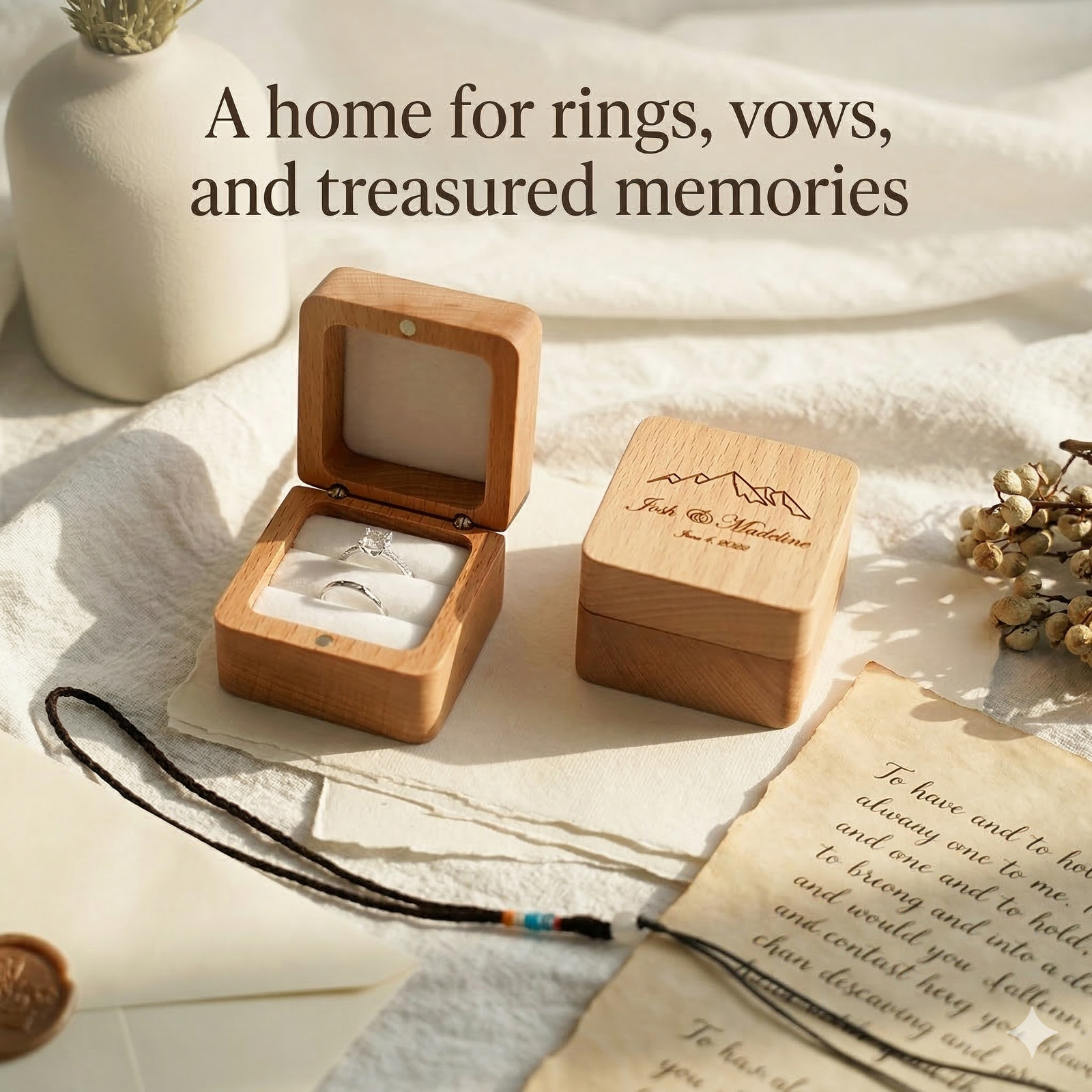 Beech Wood Square Ring Box