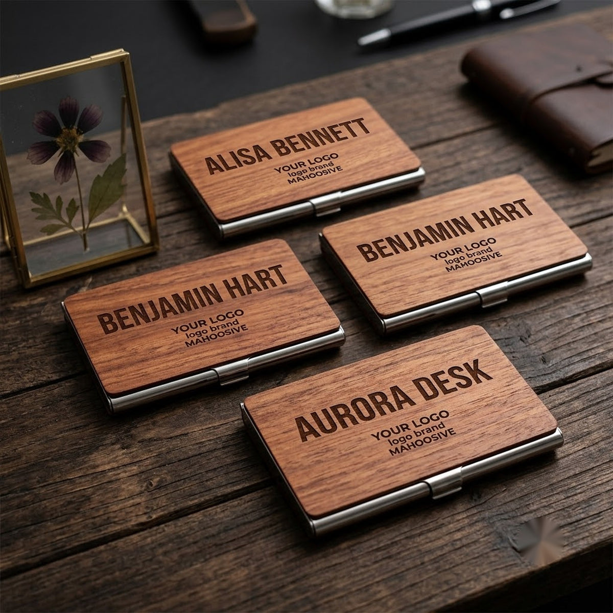 Custom engraved wood business card cases with names on rustic desk - MAHOOSIVE