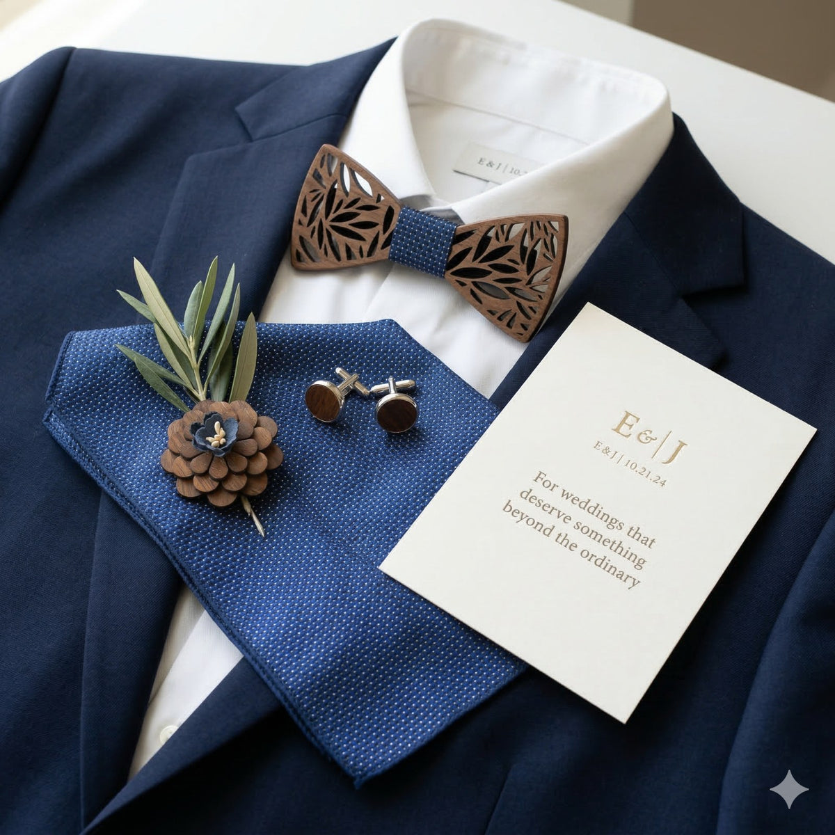 Botanica walnut bow tie with cufflinks and pocket square - photo 2 - MAHOOSIVE